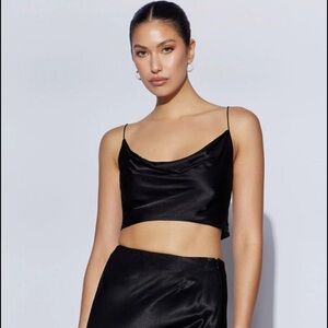 Meshki Poppy Black Satin Cowl Neck Top